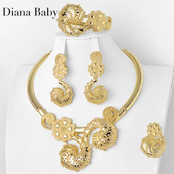 Diana Baby Pruudi Ehteid Komplekti India, Etioopia Dubai Kullatud Luksus Lill, Kaelakee, Käevõru, Kõrvarõngad Ja Sõrmus Romantiline Pulm